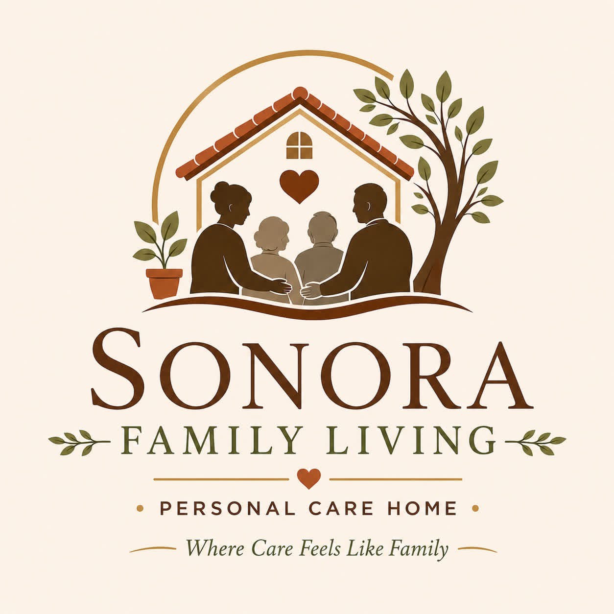 Sonora Family Living — house and tree surrounding caregivers and older adults; where care feels like family